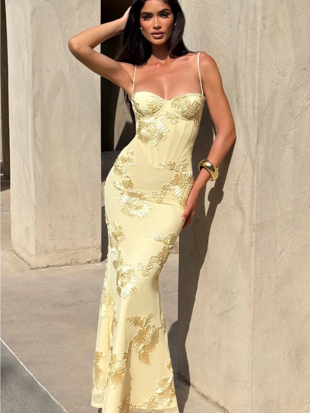 Yellow Floral Embroidered Maxi Dress with Spaghetti Straps
